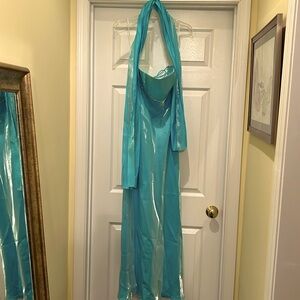 Cache formal wear, size 7/8, aqua blue, beautiful rhinestone accents, as is